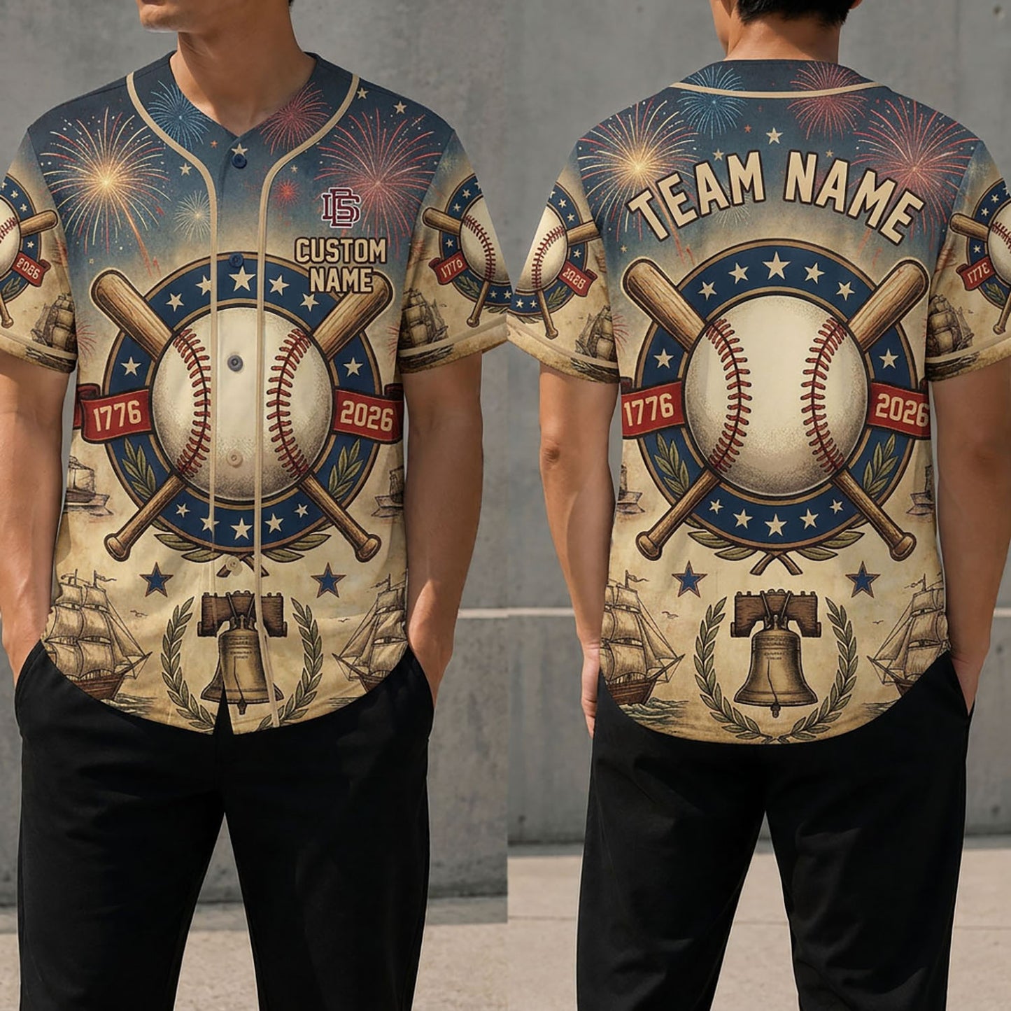 Front And Back View Of The Liberty Bell 250th Anniversary Baseball Jersey Featuring Patriotic Historical Design Elements