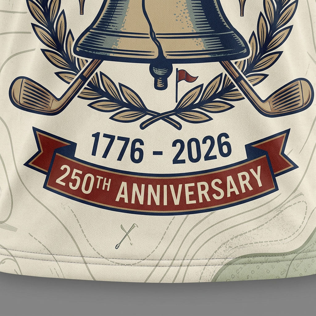 Detailed closeup of the iconic Liberty Bell and 1776-2026 anniversary embroidery