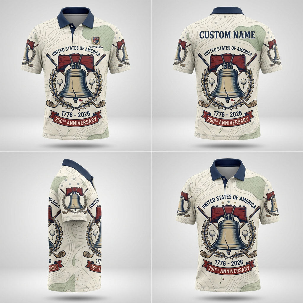 Multi-angle view of the Liberty Bell 250th anniversary golf polo for men