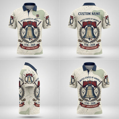 Multi-angle view of the Liberty Bell 250th anniversary golf polo for men