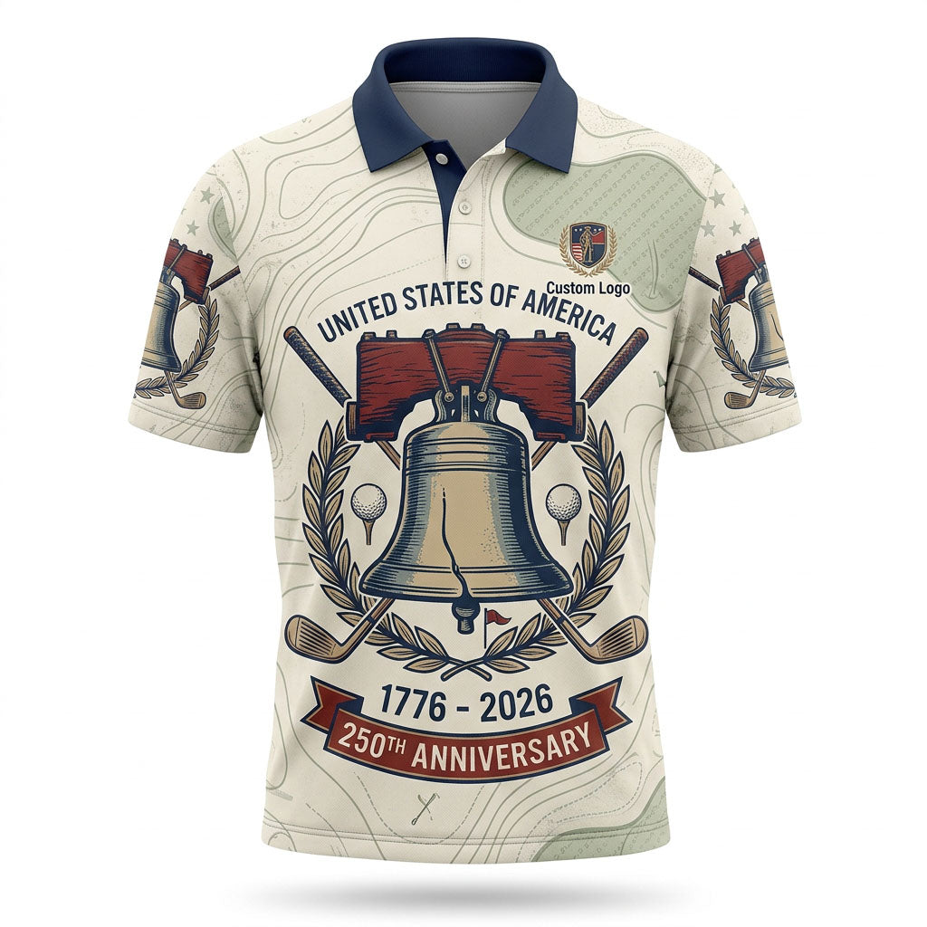 Elegant flatlay of the Liberty Bell 250th anniversary performance polo