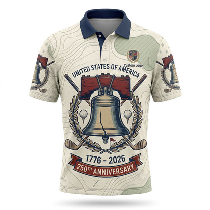 Elegant flatlay of the Liberty Bell 250th anniversary performance polo