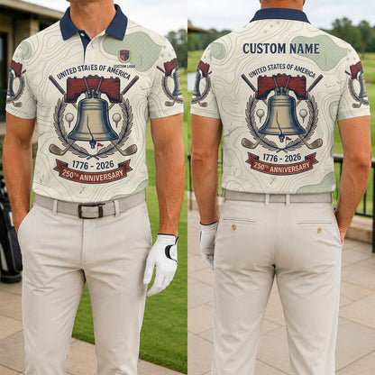 Front and back view of the Liberty Bell 250th anniversary custom golf polo shirt