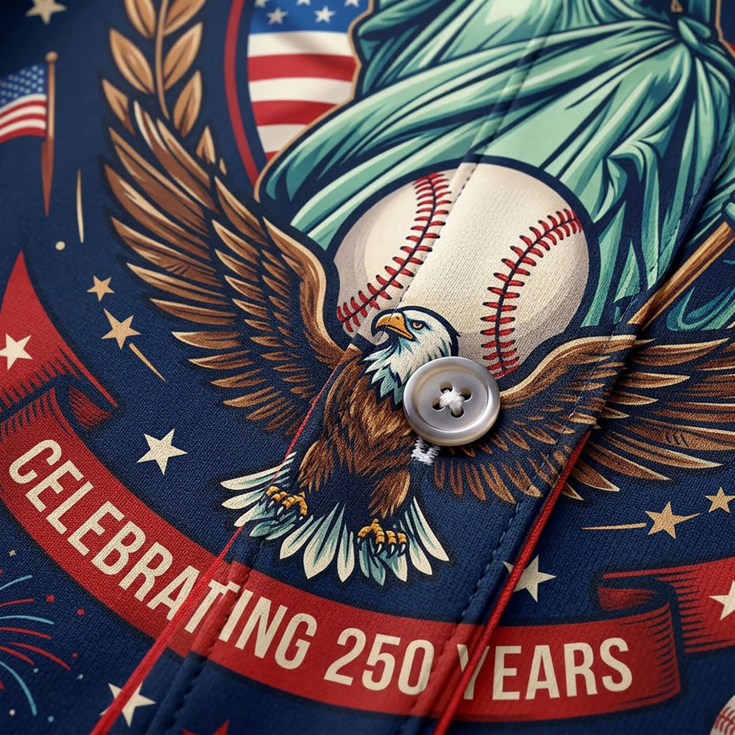 Close-up of Statue of Liberty print and celebrating 250 years text on baseball jersey