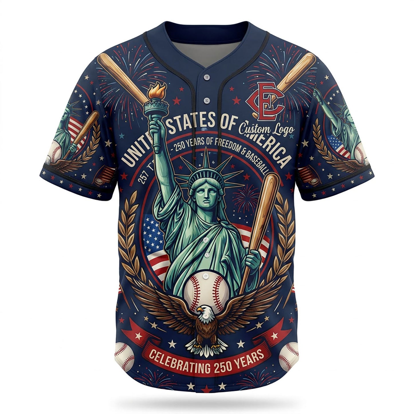 Custom baseball jersey featuring Statue of Liberty, eagle, and 250th anniversary design
