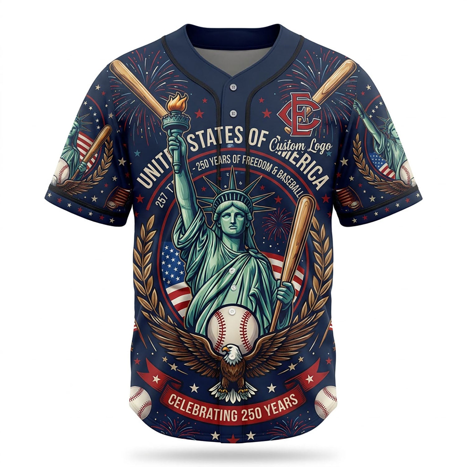 Custom baseball jersey featuring Statue of Liberty, eagle, and 250th anniversary design