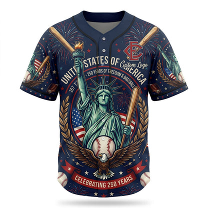 Custom baseball jersey featuring Statue of Liberty, eagle, and 250th anniversary design