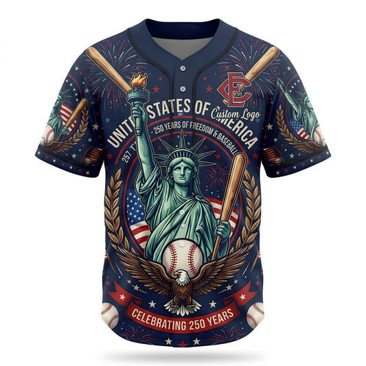 Custom baseball jersey featuring Statue of Liberty, eagle, and 250th anniversary design