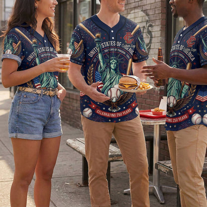 Three people wearing patriotic Statue of Liberty baseball jerseys