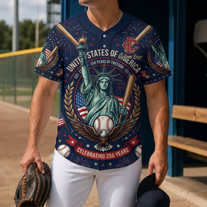 Man wearing a custom 250th anniversary baseball jersey on a field