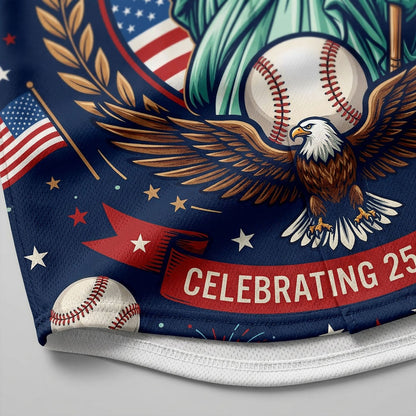 Close-up detail of high-quality fabric and patriotic graphics on the 250th Anniversary Liberty jersey