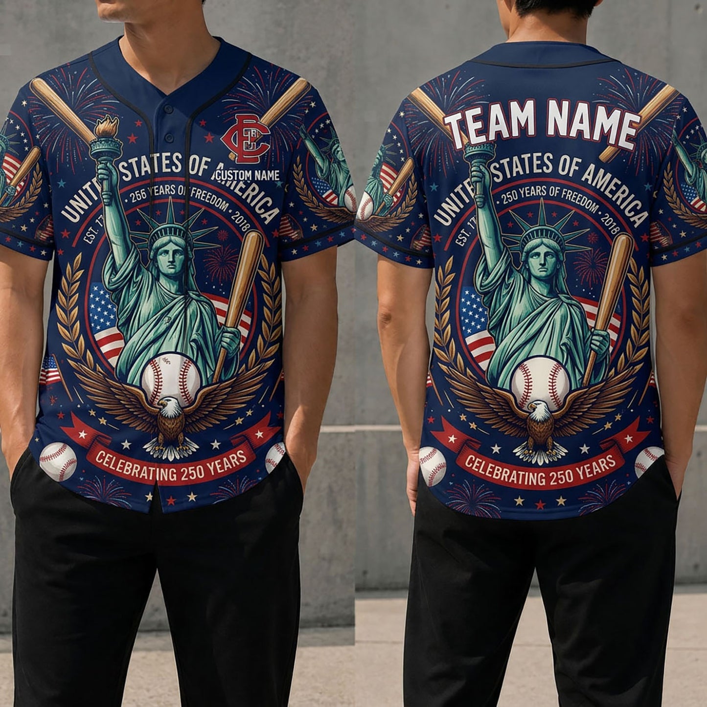 Front and back view of the USA 250th Anniversary Liberty baseball jersey featuring the Statue of Liberty and eagle design