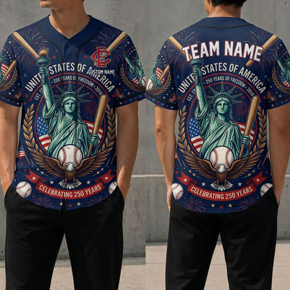 Front and back view of the USA 250th Anniversary Liberty baseball jersey featuring the Statue of Liberty and eagle design