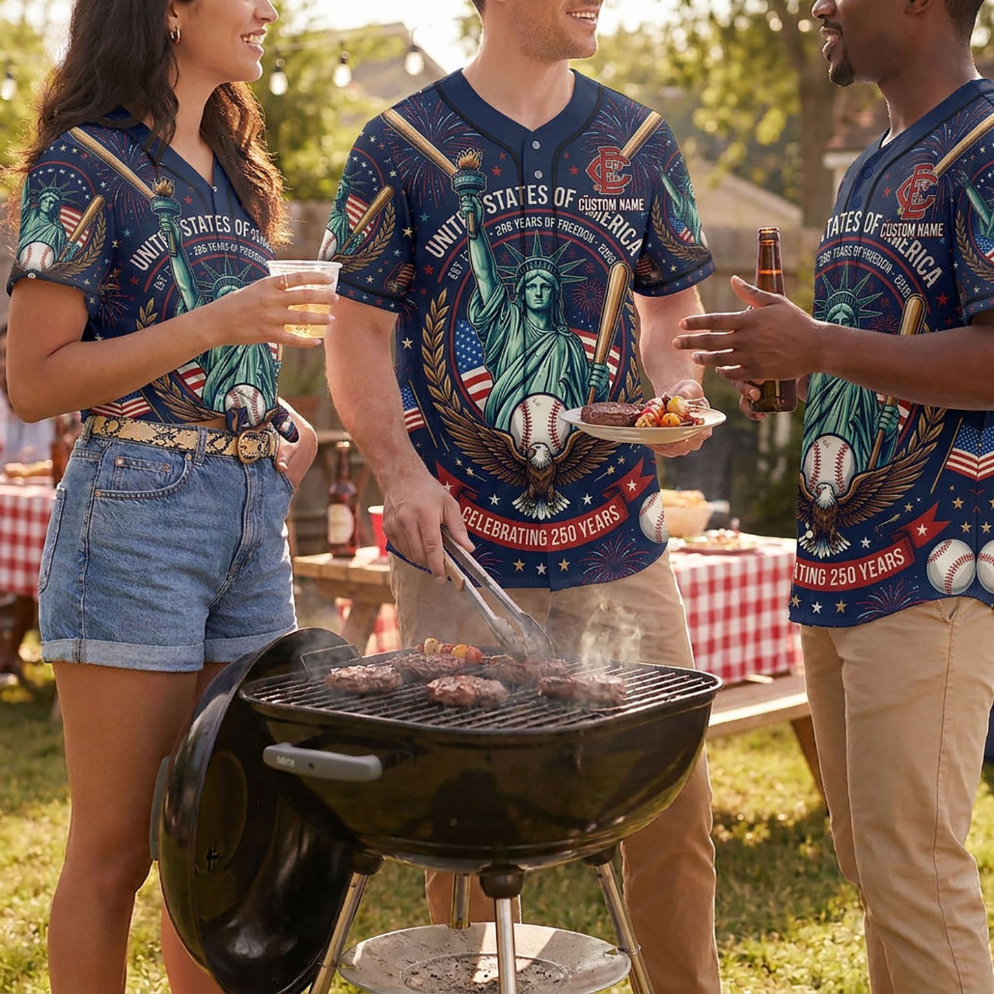 People wearing USA 250th Anniversary Liberty baseball jerseys at an outdoor summer BBQ