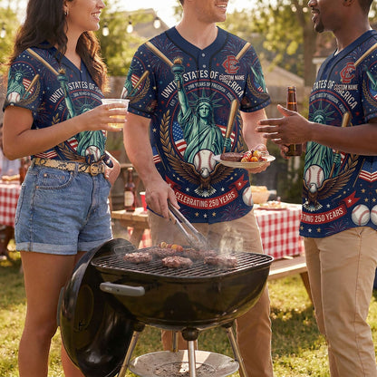 People wearing USA 250th Anniversary Liberty baseball jerseys at an outdoor summer BBQ