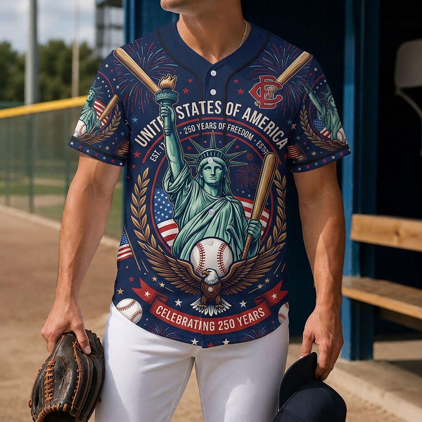 Model holding a baseball glove wearing the 250th Anniversary Liberty America jersey on a baseball field