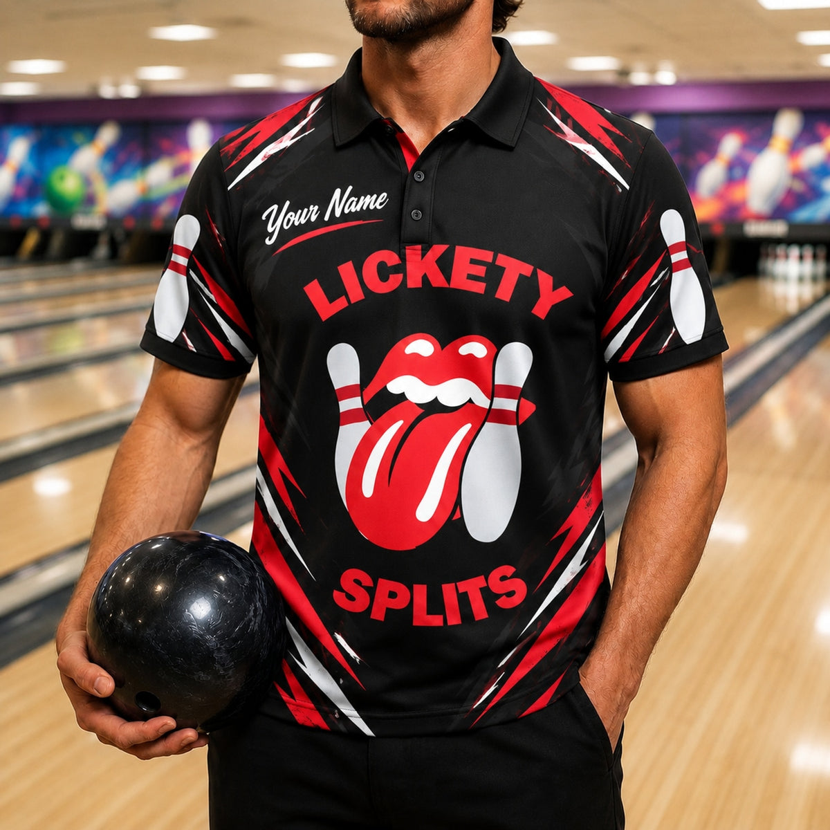 Lickety Splits Bowling Sport Custom Bowling Polo Shirt Front View