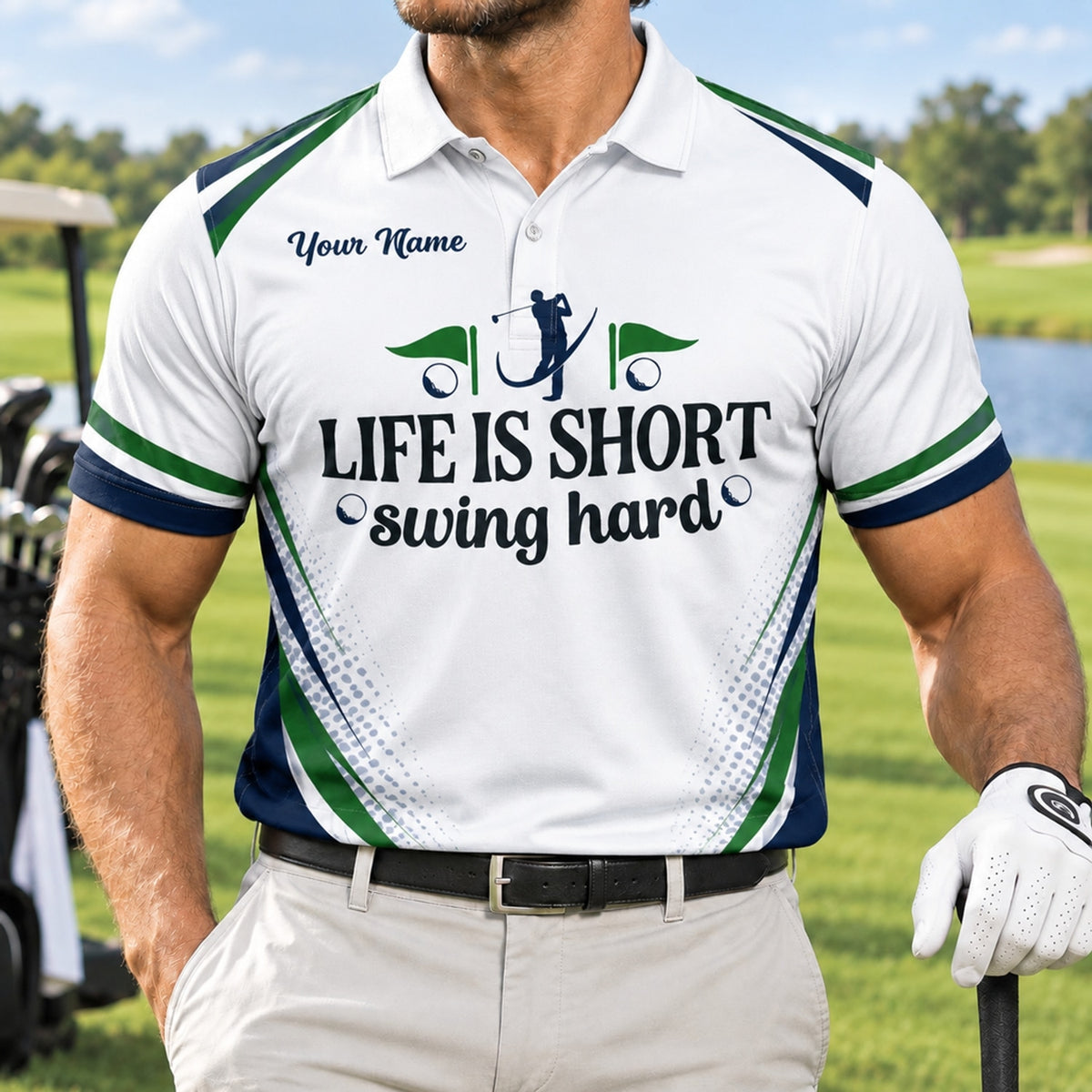 Life Is Short Swing Hard Sport Personalized Golf Polo Shirt Front View