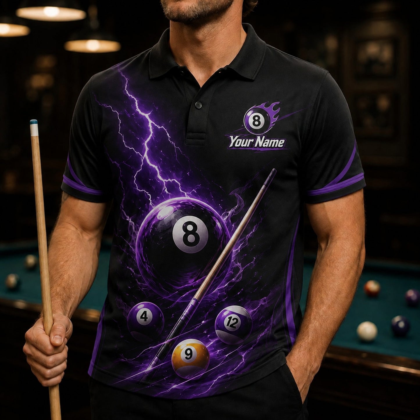 Lightning 8 Ball Billiards Custom Polo Shirt Front View