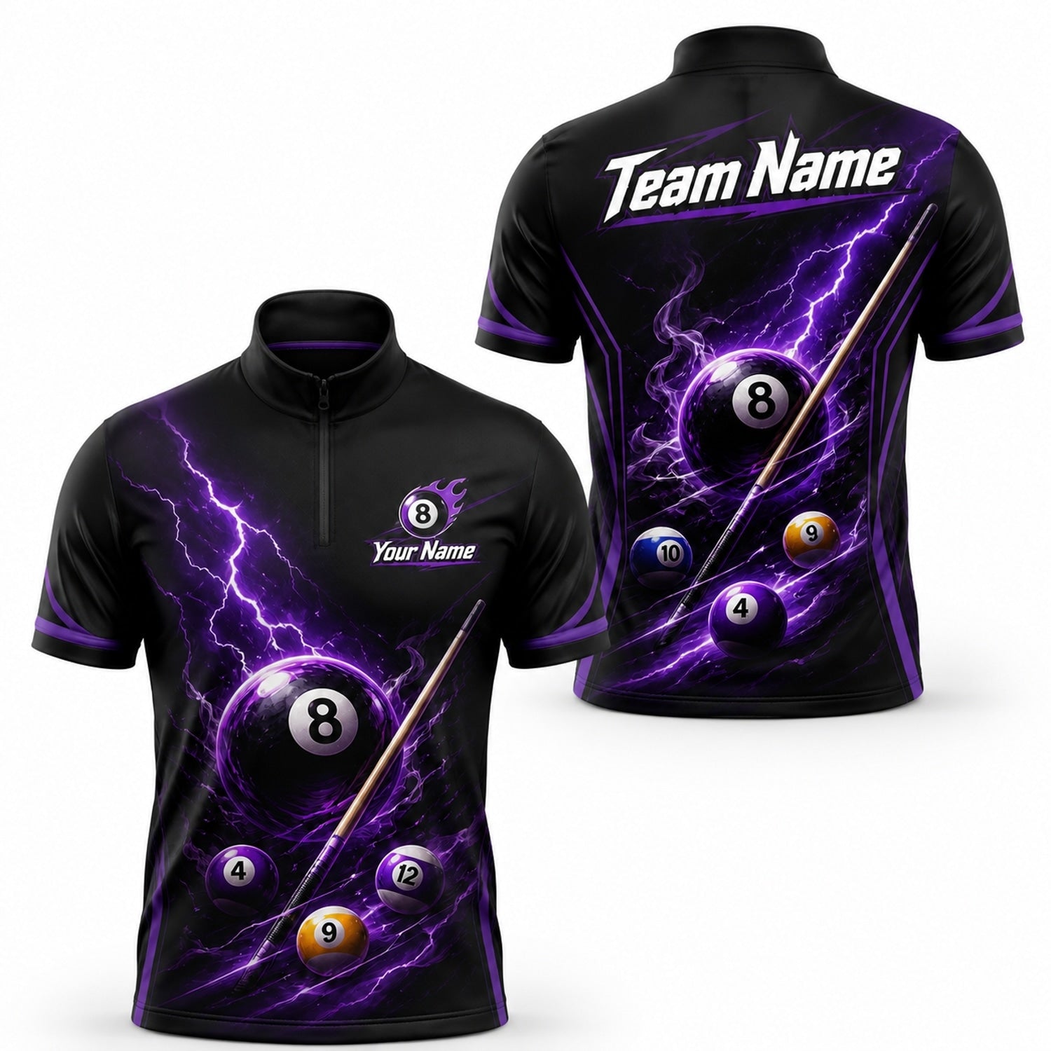 Lightning 8 Ball Billiards Custom Polo Shirt Jersey Zip 1 4 Collar