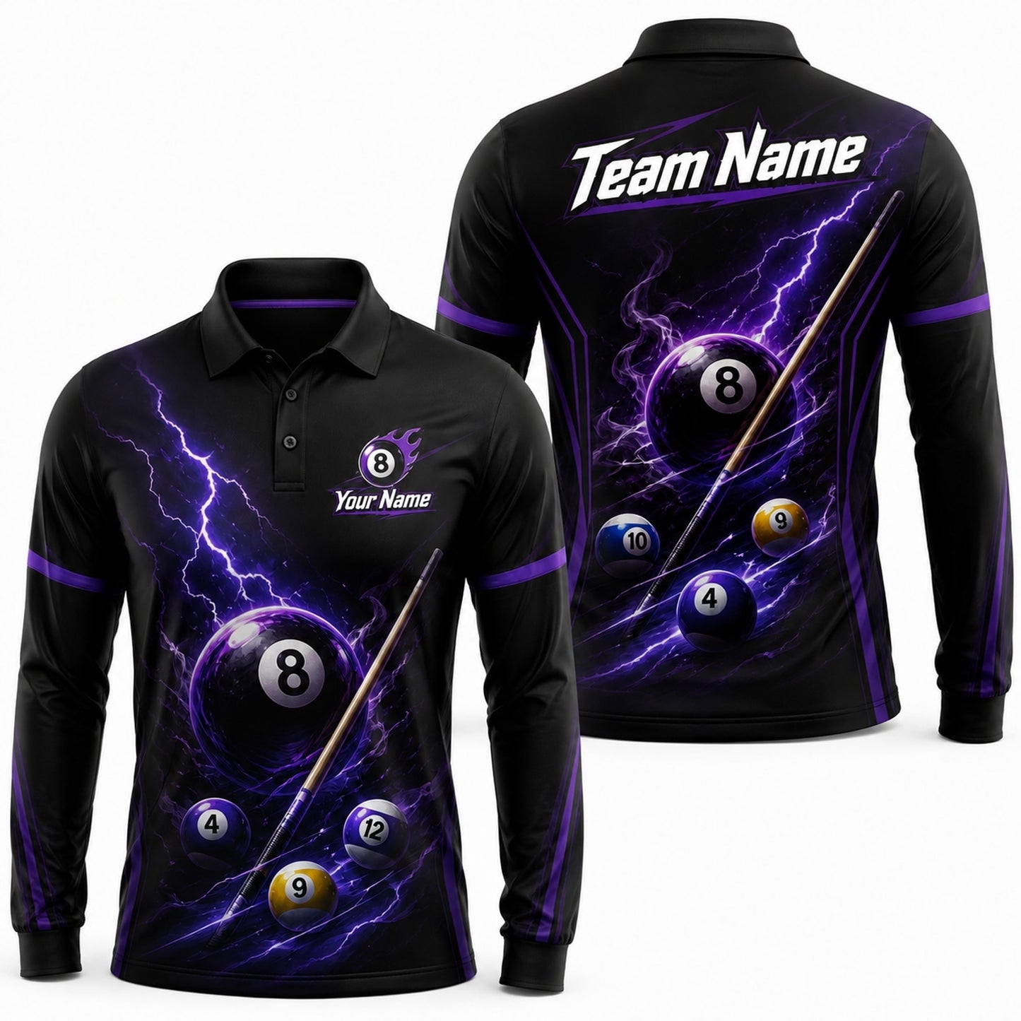 Lightning 8 Ball Billiards Custom Polo Shirt Long Sleeve Polo