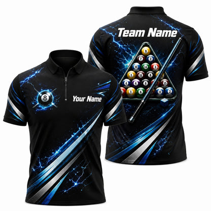 Lightning 8 Ball Billiards Sport Personalized Billiard Polo Shirt Jersey Zip 1 4 Collar