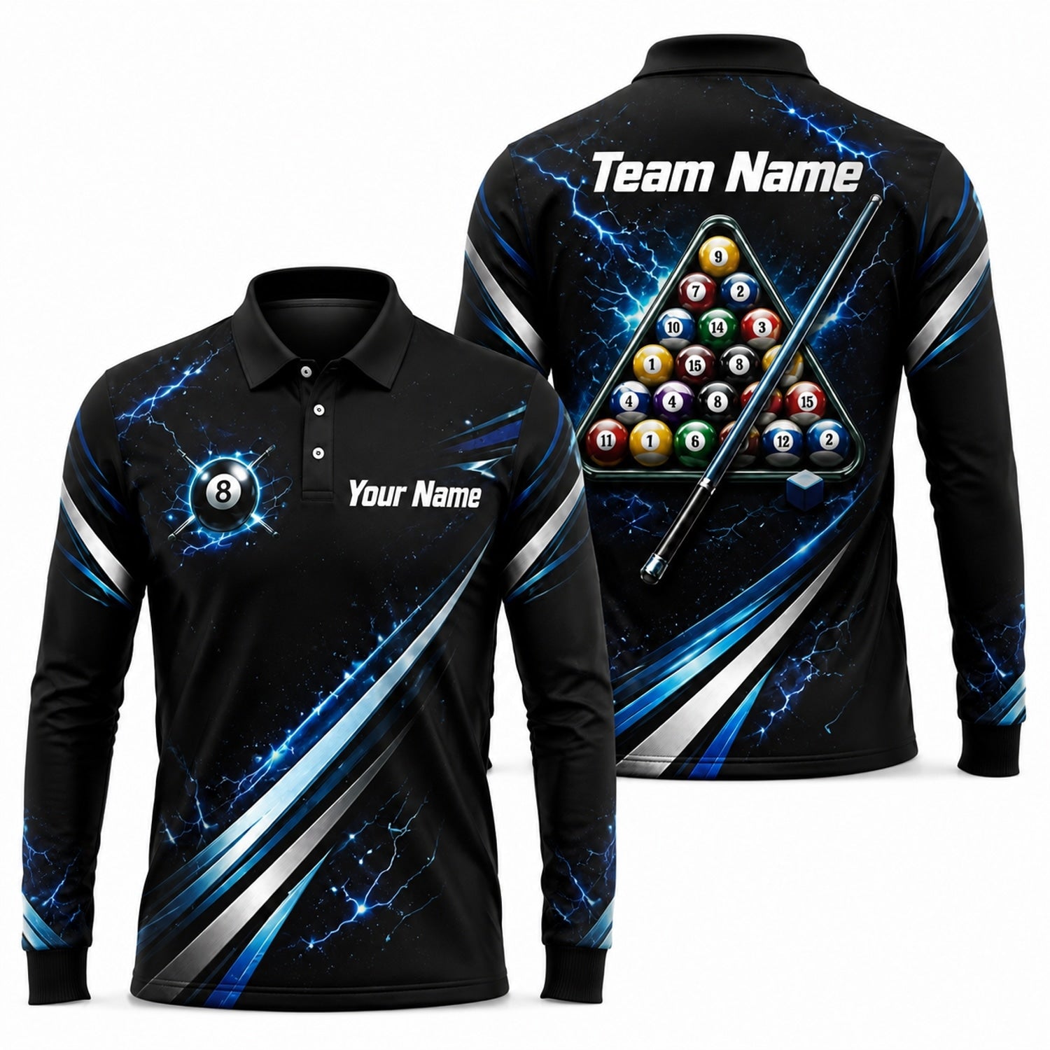 Lightning 8 Ball Billiards Sport Personalized Billiard Polo Shirt Long Sleeve Polo
