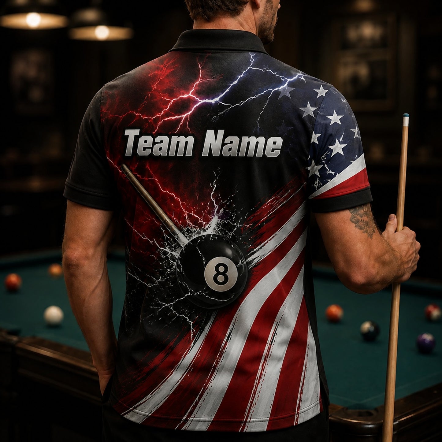 Lightning 8 Ball Team Custom Billiard Polo Shirt Back View