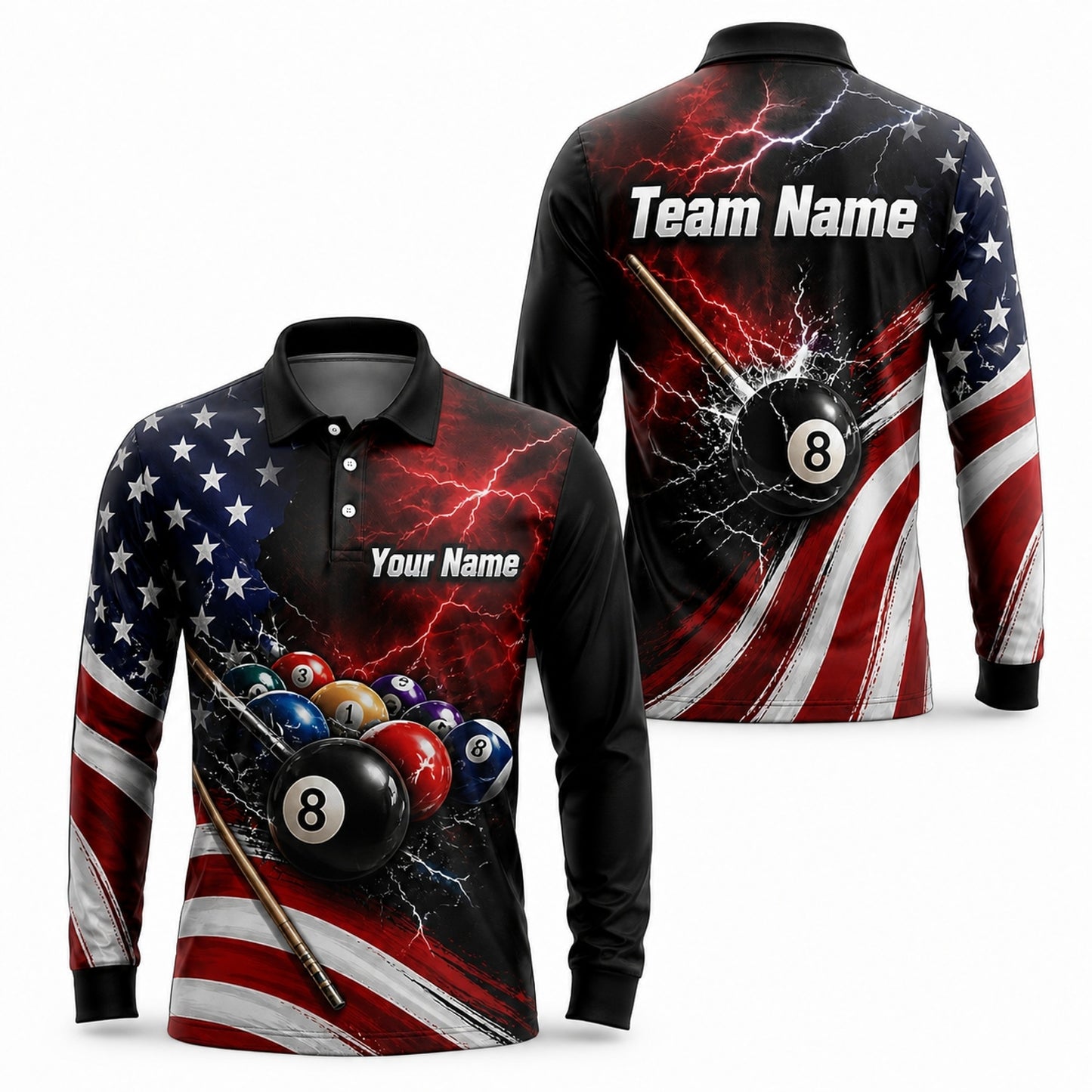 Lightning 8 Ball Team Custom Billiard Polo Shirt Long Sleeve Polo