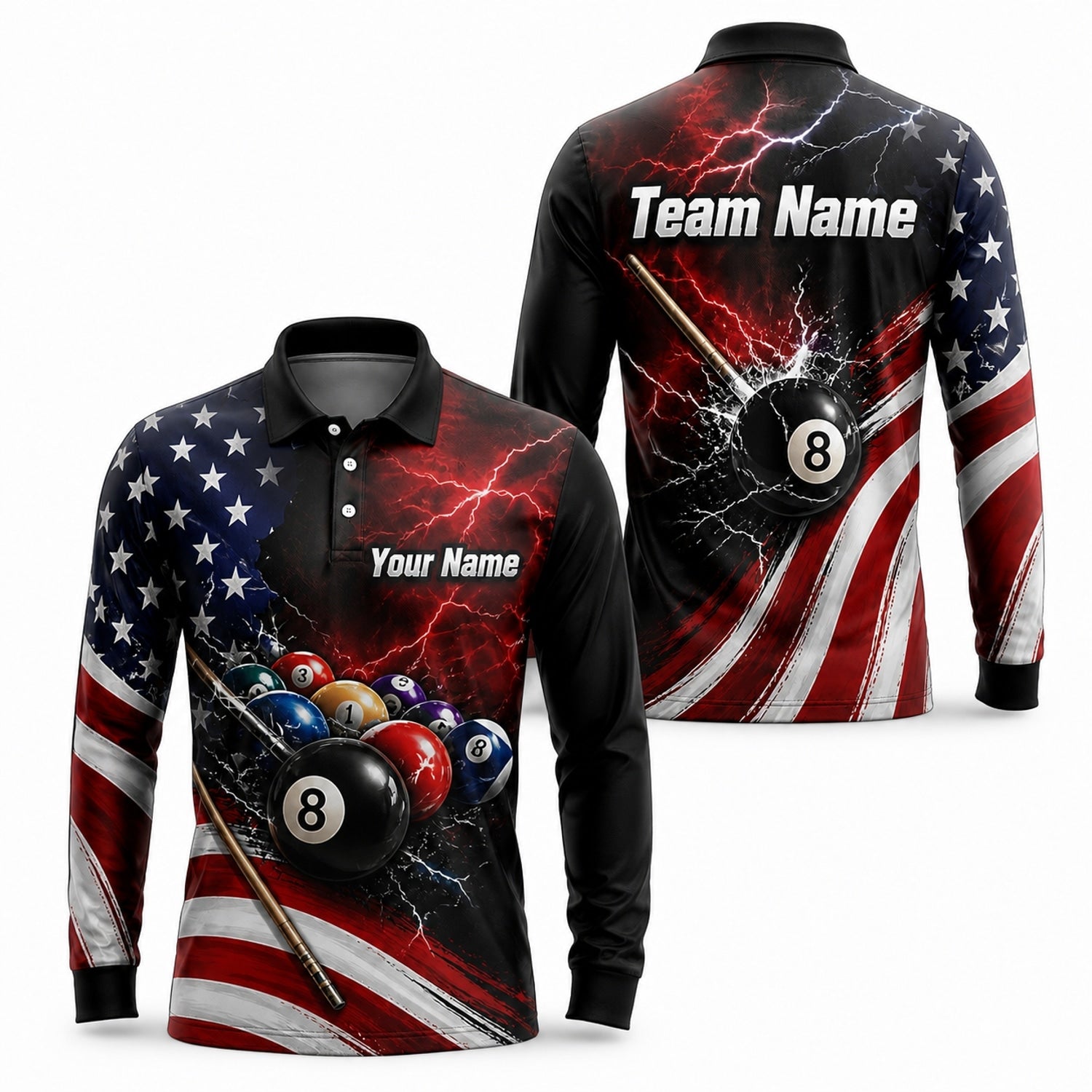 Lightning 8 Ball Team Custom Billiard Polo Shirt Long Sleeve Polo
