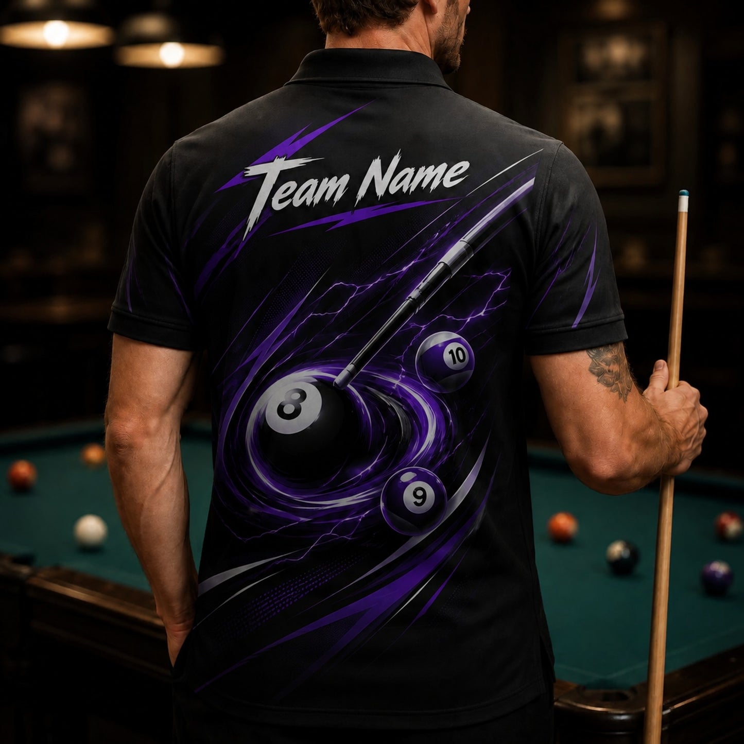 Lightning 8 Ball Vortex Custom Billiard Polo Shirt Back View