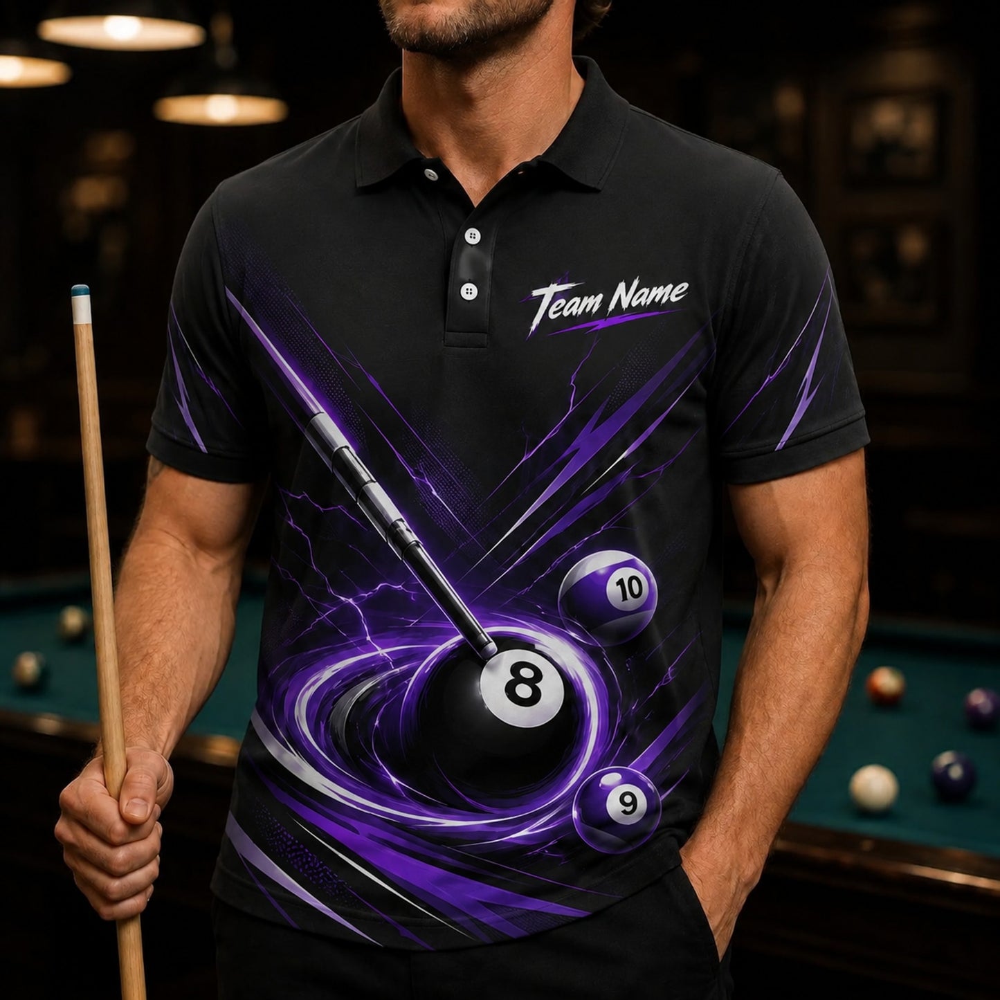 Lightning 8 Ball Vortex Custom Billiard Polo Shirt Front View