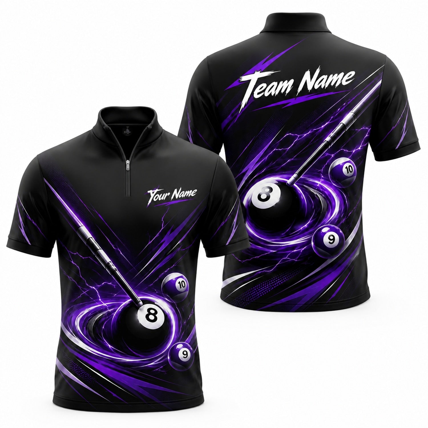 Lightning 8 Ball Vortex Custom Billiard Polo Shirt Jersey Zip 1 4 Collar