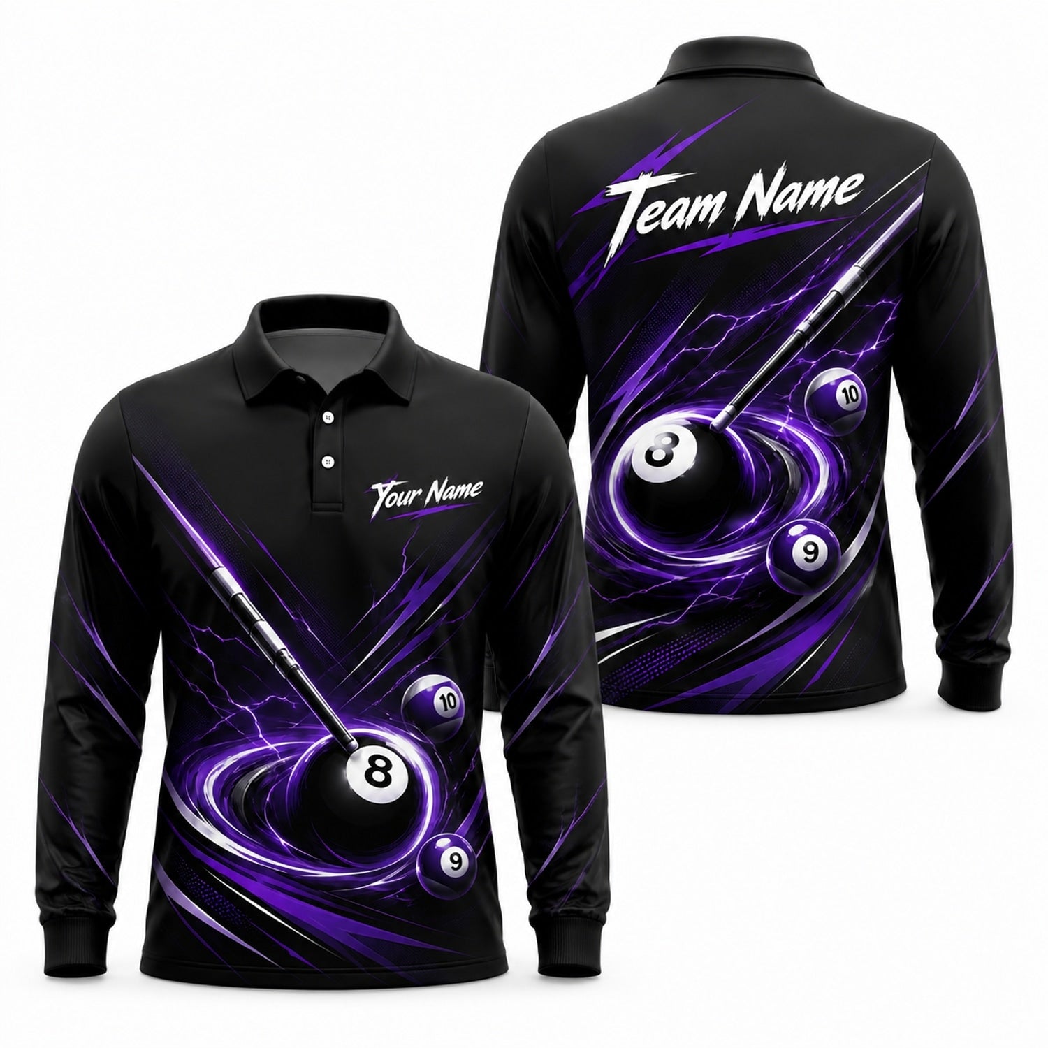 Lightning 8 Ball Vortex Custom Billiard Polo Shirt Long Sleeve Polo