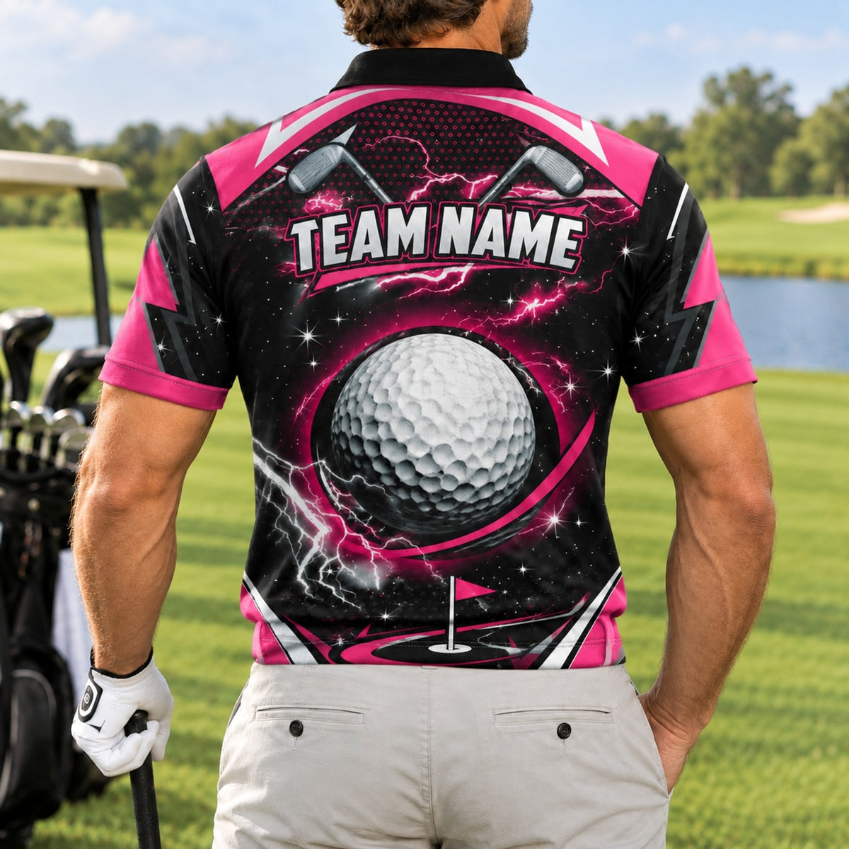 Lightning Golf Ball Graphic Personalized Golf Polo Shirt Back View