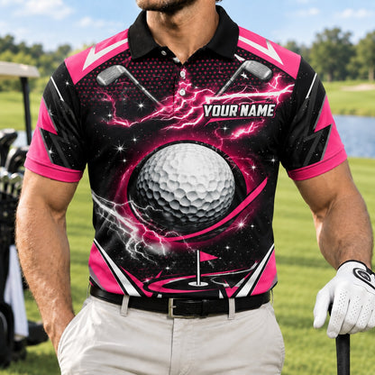 Lightning Golf Ball Graphic Personalized Golf Polo Shirt Front View