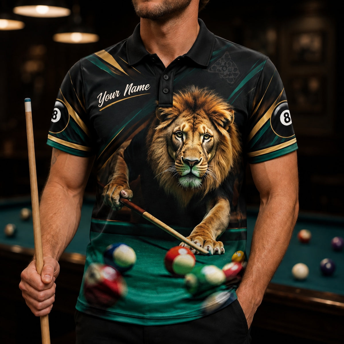 Lion Billiards King Sport Custom Billiard Polo Shirt Front View