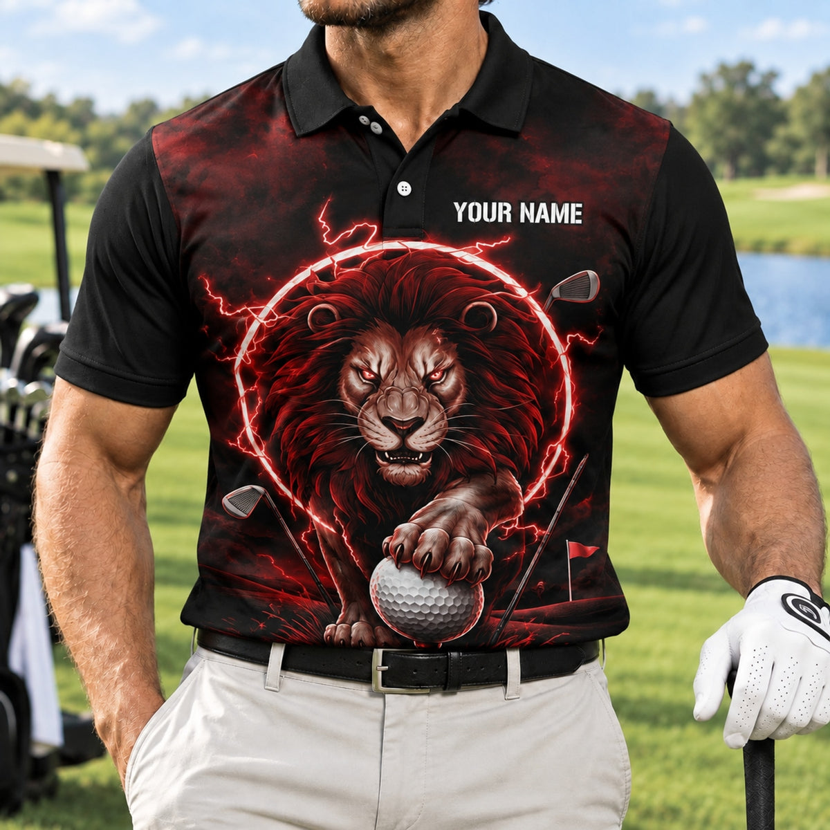 Lion With Golf Ball Graphic Personalized Golf Polo Shirt Front View