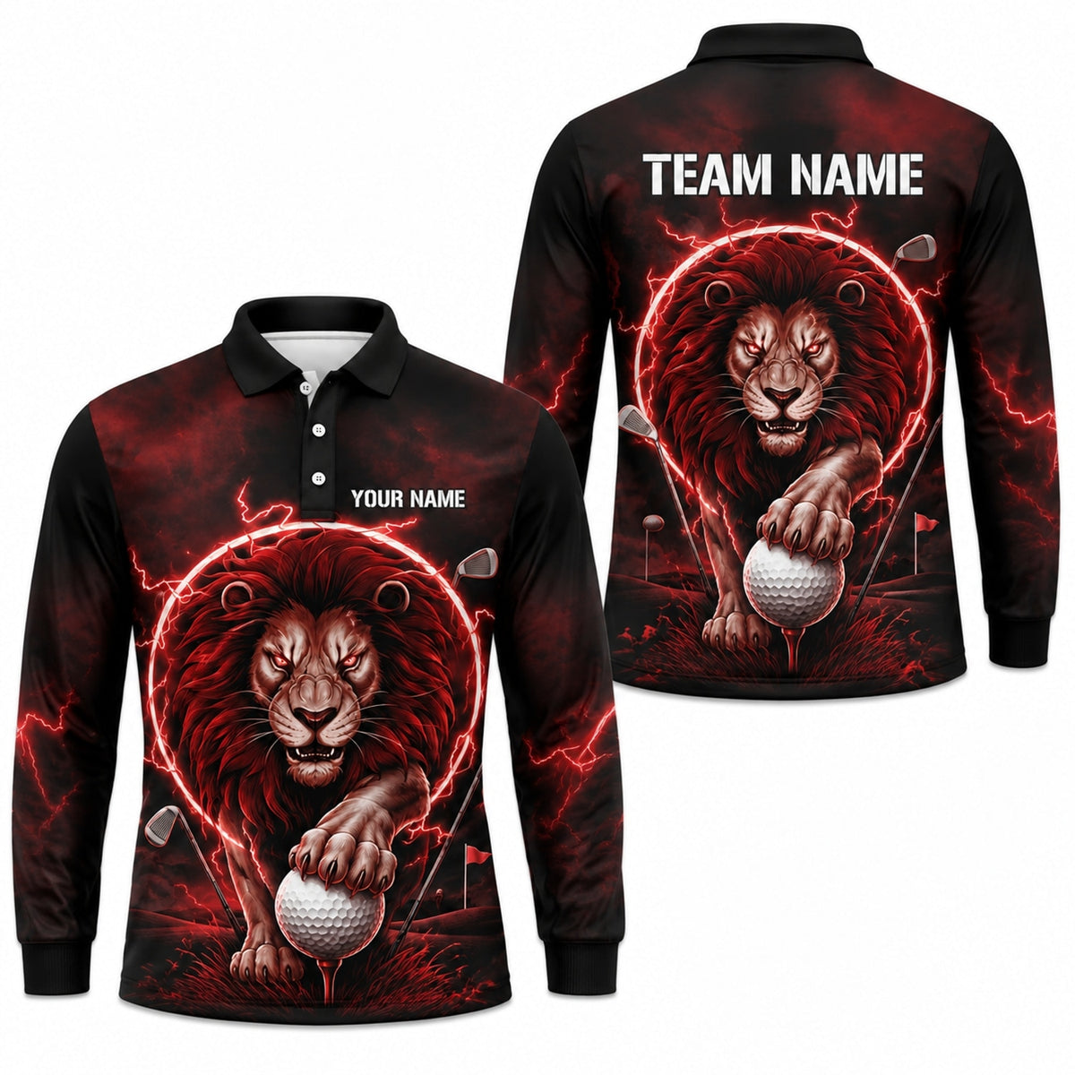 Lion With Golf Ball Graphic Personalized Golf Polo Shirt Long Sleeve Polo