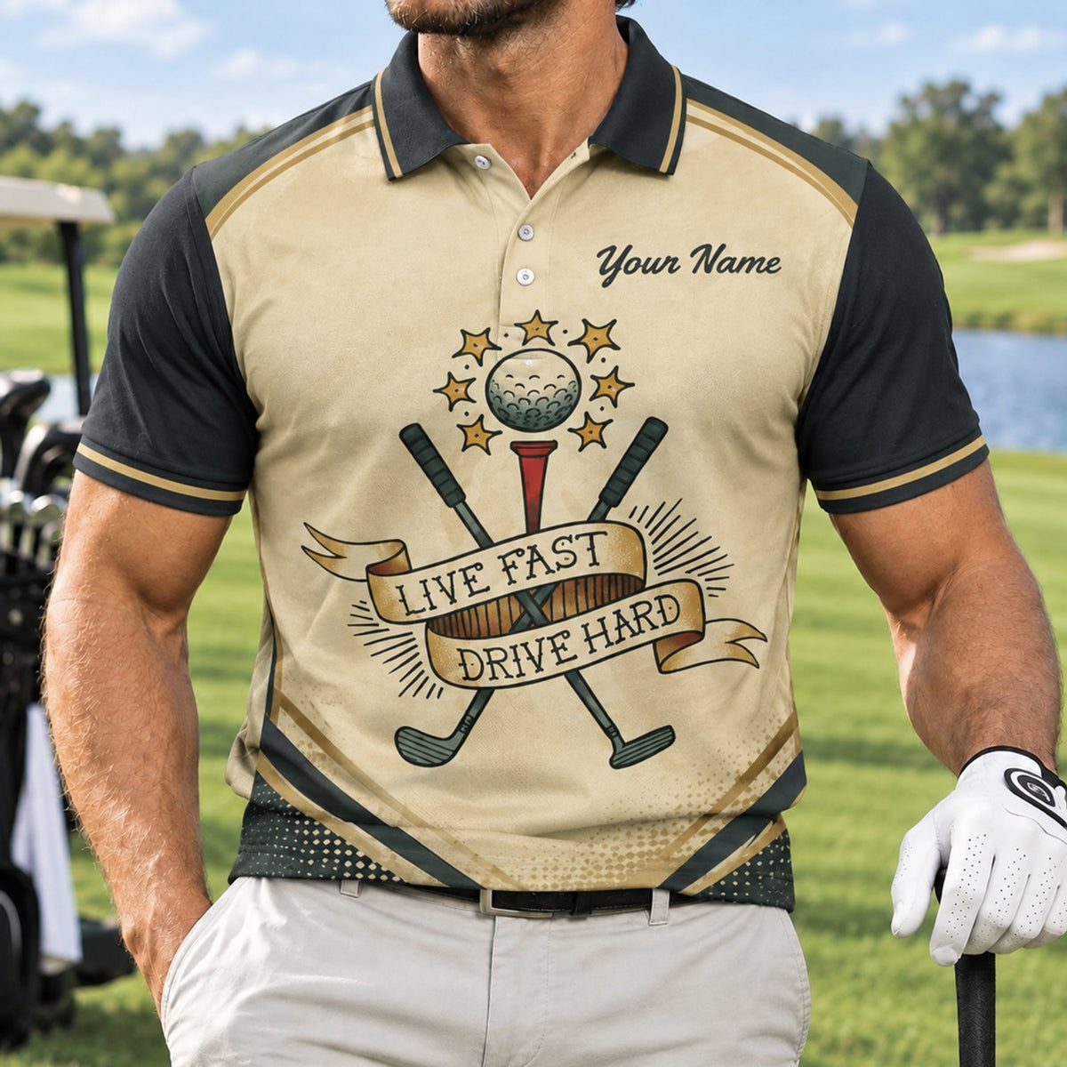 Live Fast Drive Hard Golf Motivation Quote Sport Personalized Golf Polo Shirt Front View