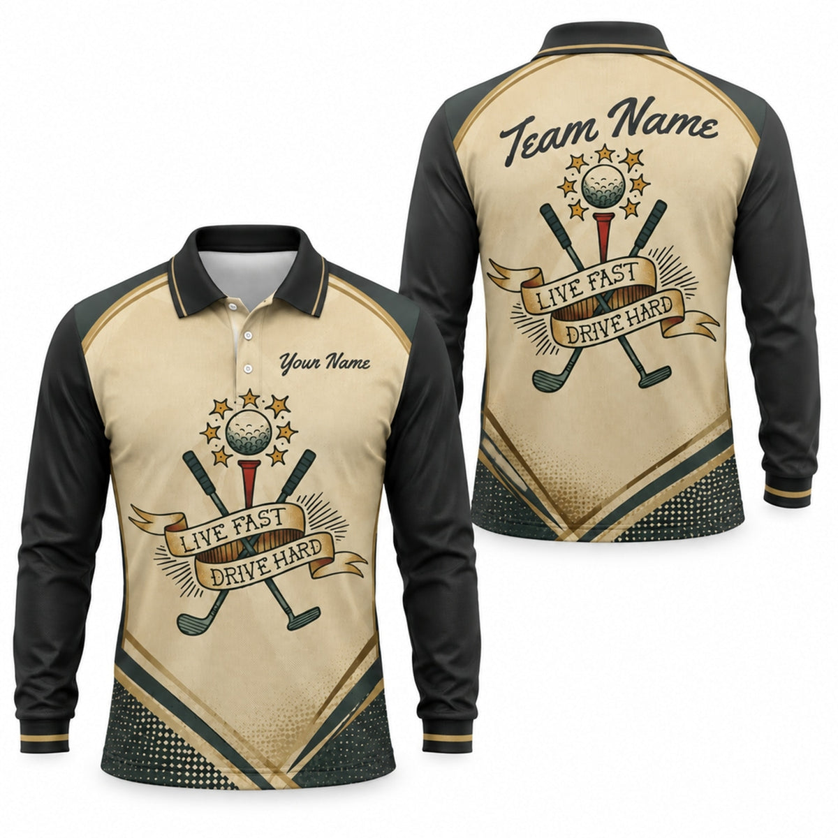 Live Fast Drive Hard Golf Motivation Quote Sport Personalized Golf Polo Shirt Long Sleeve Polo