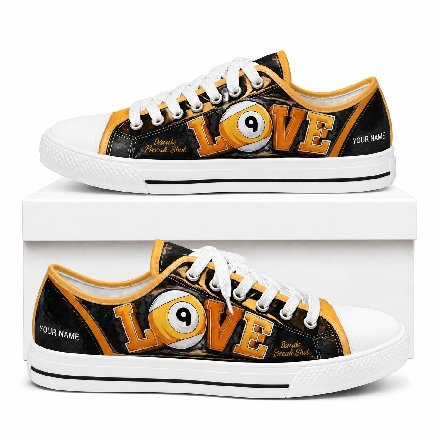 Love 9 Ball Billiards Graphic Personalized Low Top Shoes Box White