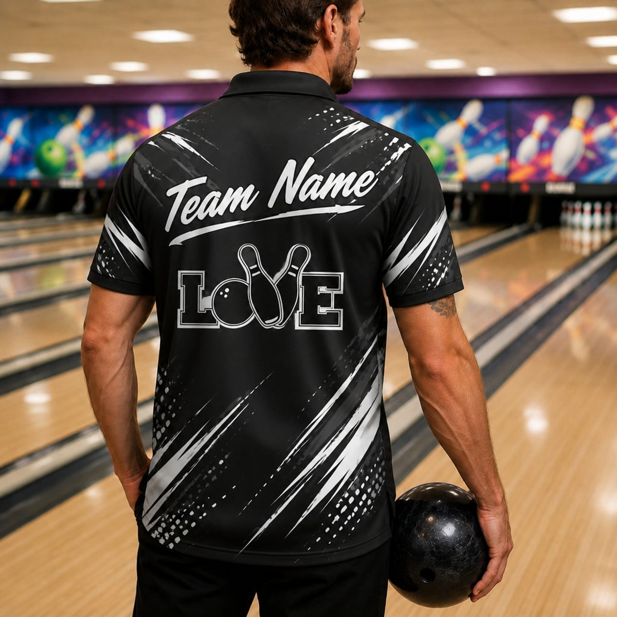 Love Bowling Pins Typography Custom Bowling Polo Shirt Back View