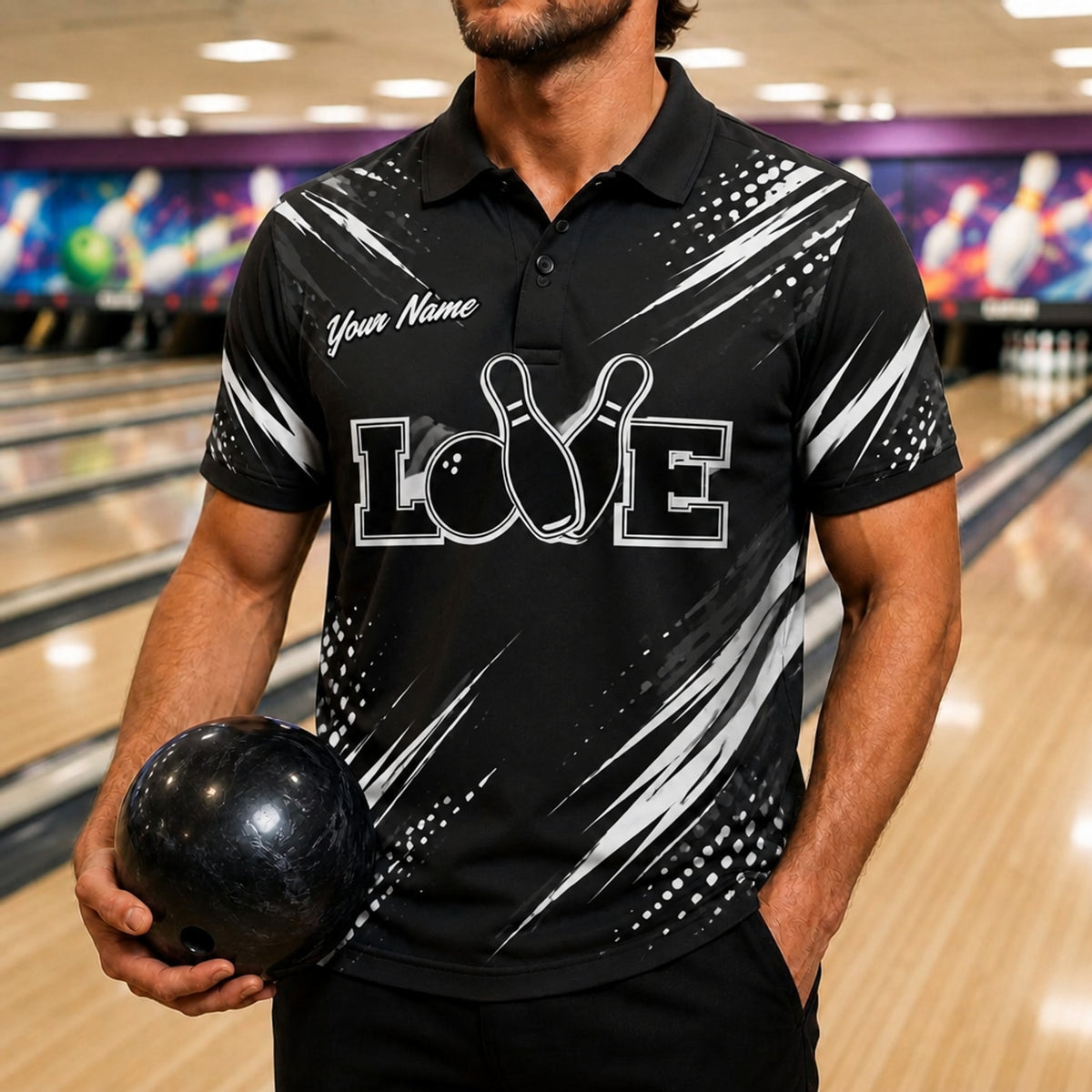 Love Bowling Pins Typography Custom Bowling Polo Shirt Front View