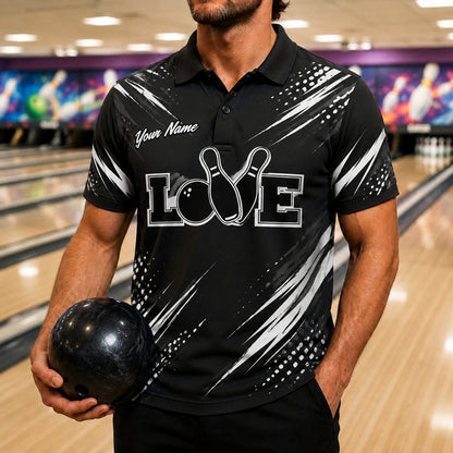 Love Bowling Pins Typography Custom Bowling Polo Shirt Front View