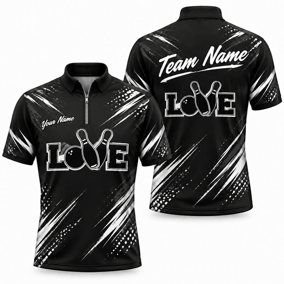 Love Bowling Pins Typography Custom Bowling Polo Shirt Jersey Zip 1 4 Collar