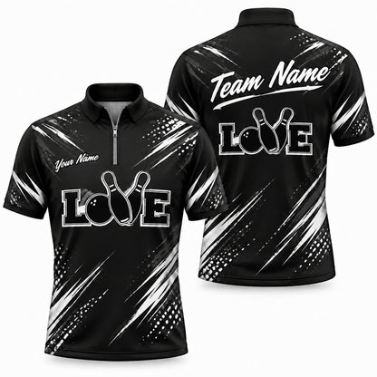 Love Bowling Pins Typography Custom Bowling Polo Shirt Jersey Zip 1 4 Collar