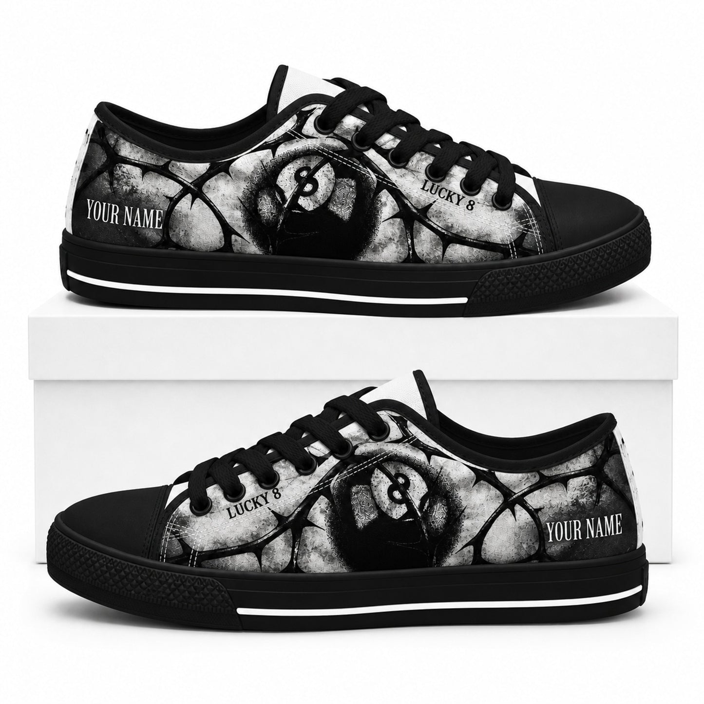Lucky 8 Eight Ball Graphic Personalized Low Top Shoes Box Black