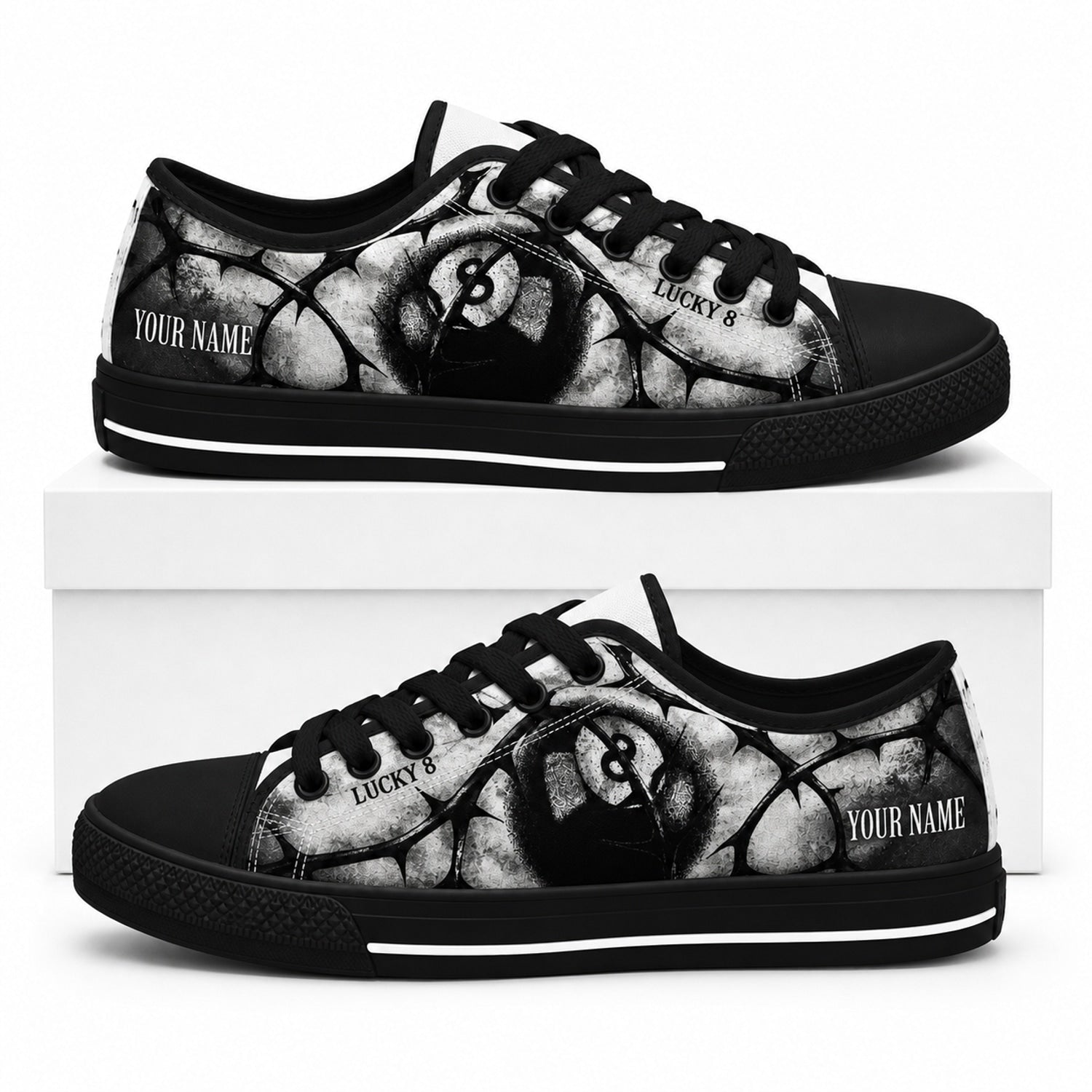 Lucky 8 Eight Ball Graphic Personalized Low Top Shoes Box Black
