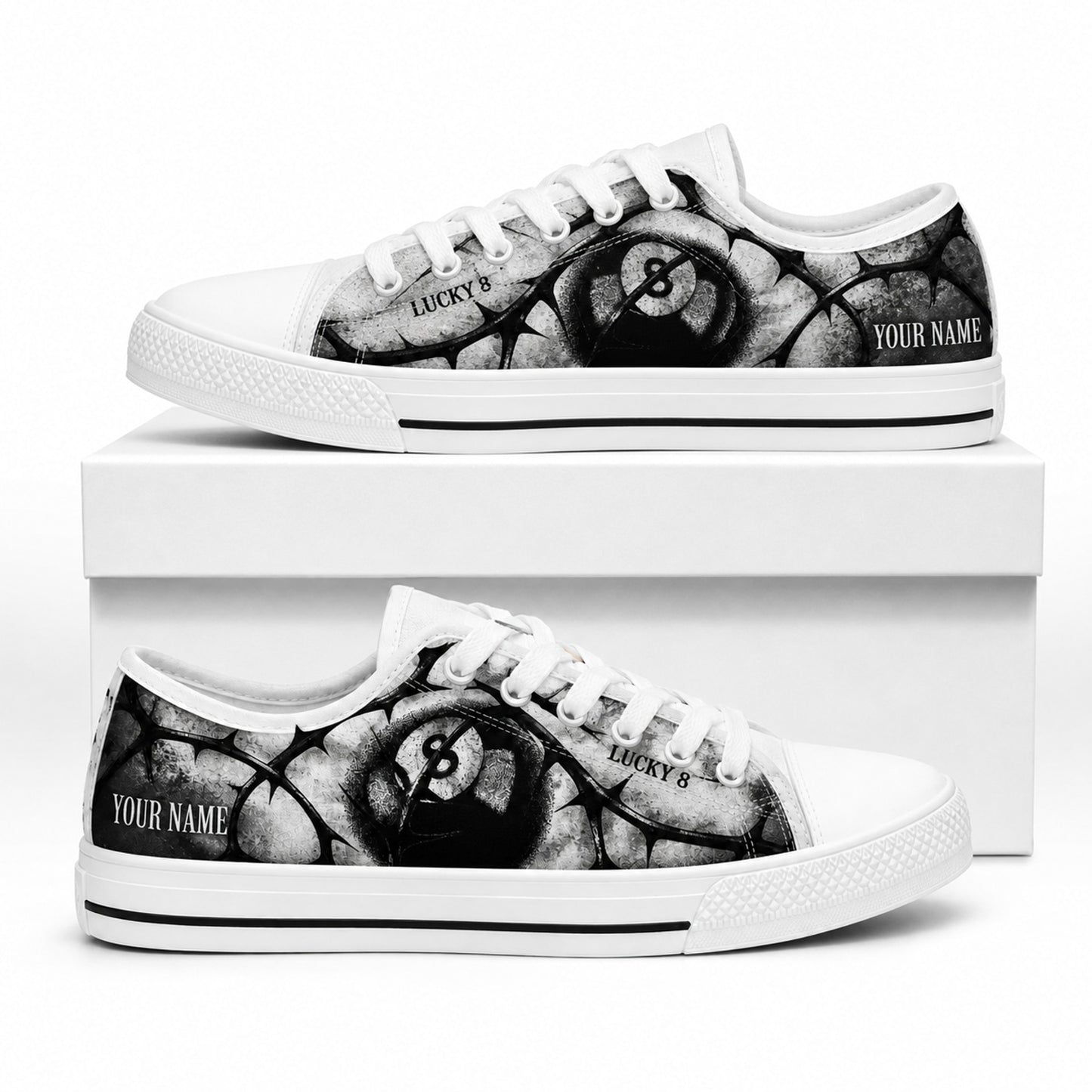 Lucky 8 Eight Ball Graphic Personalized Low Top Shoes Box White